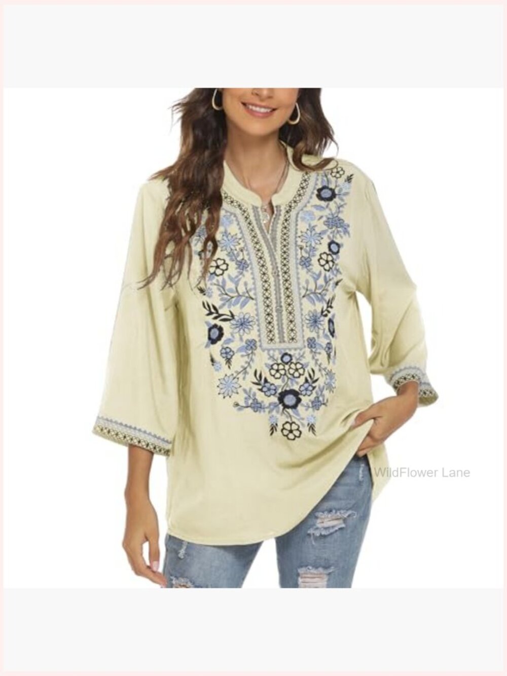 Mexican Embroidered Tunic Blouse Peasant Top 3/4 Sleeve V Neck - Picture 3 of 6